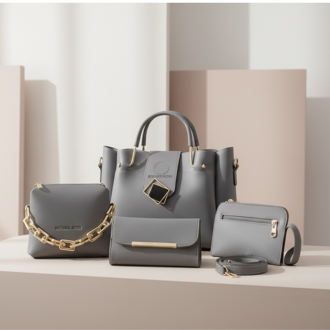 Women’s Grey PU Leather 4-Piece Handbag