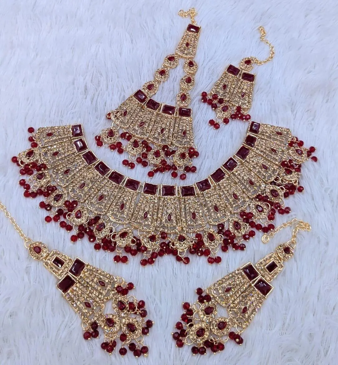 5 Pcs Red Zircon Bridal Jewelry Set