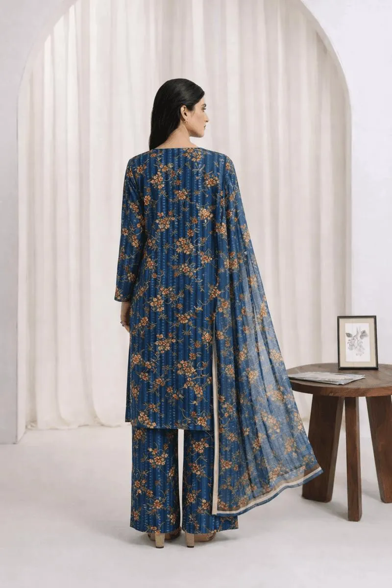 Blue Printed Lawn Suit with Chiffon Dupatta for Women