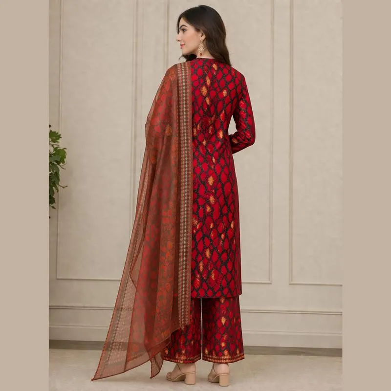 Red Digital Print 3Pcs Women's Lawn Suit Set