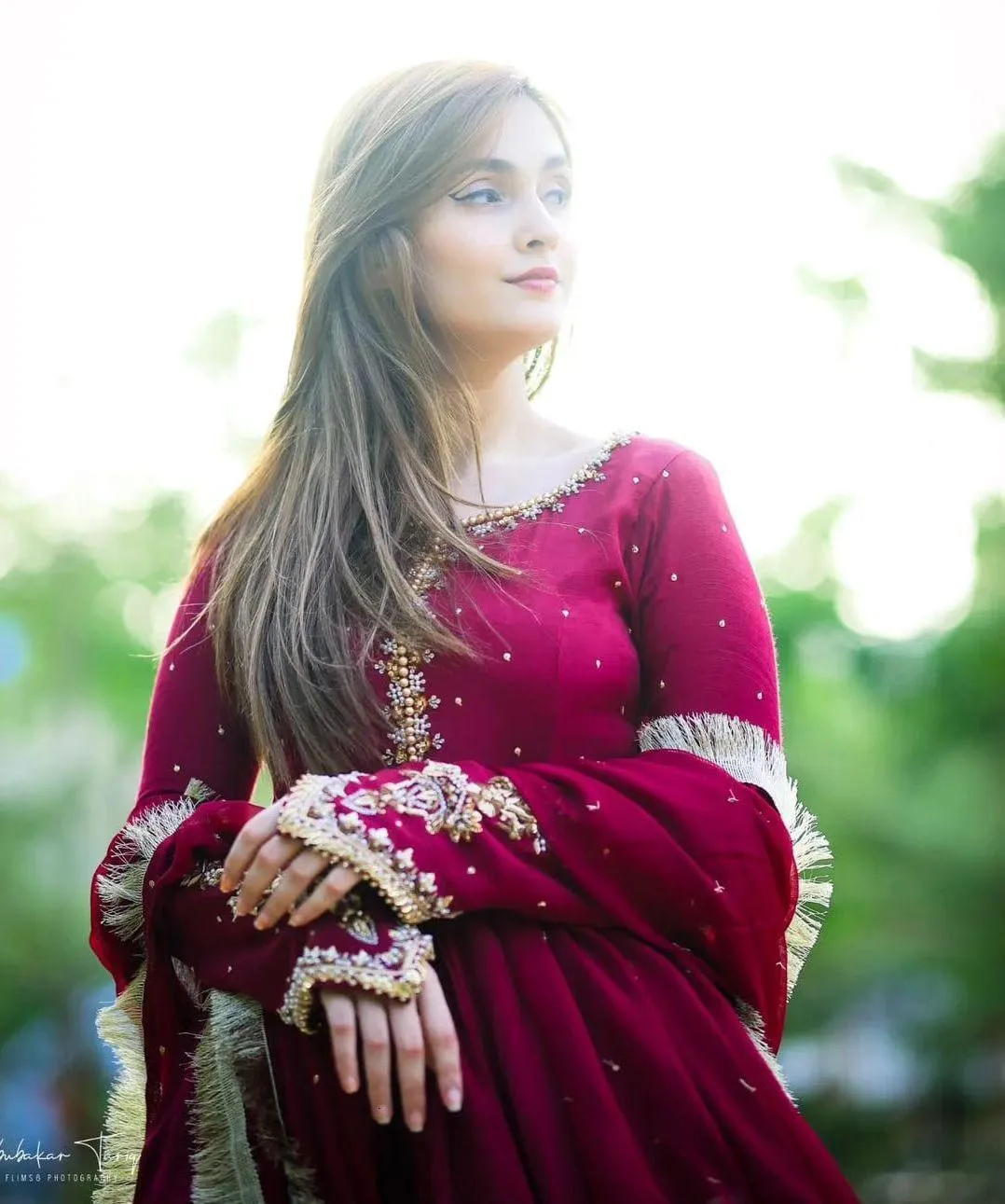 Maroon Chiffon Maxi Suit 3Pcs Eid Party Wear