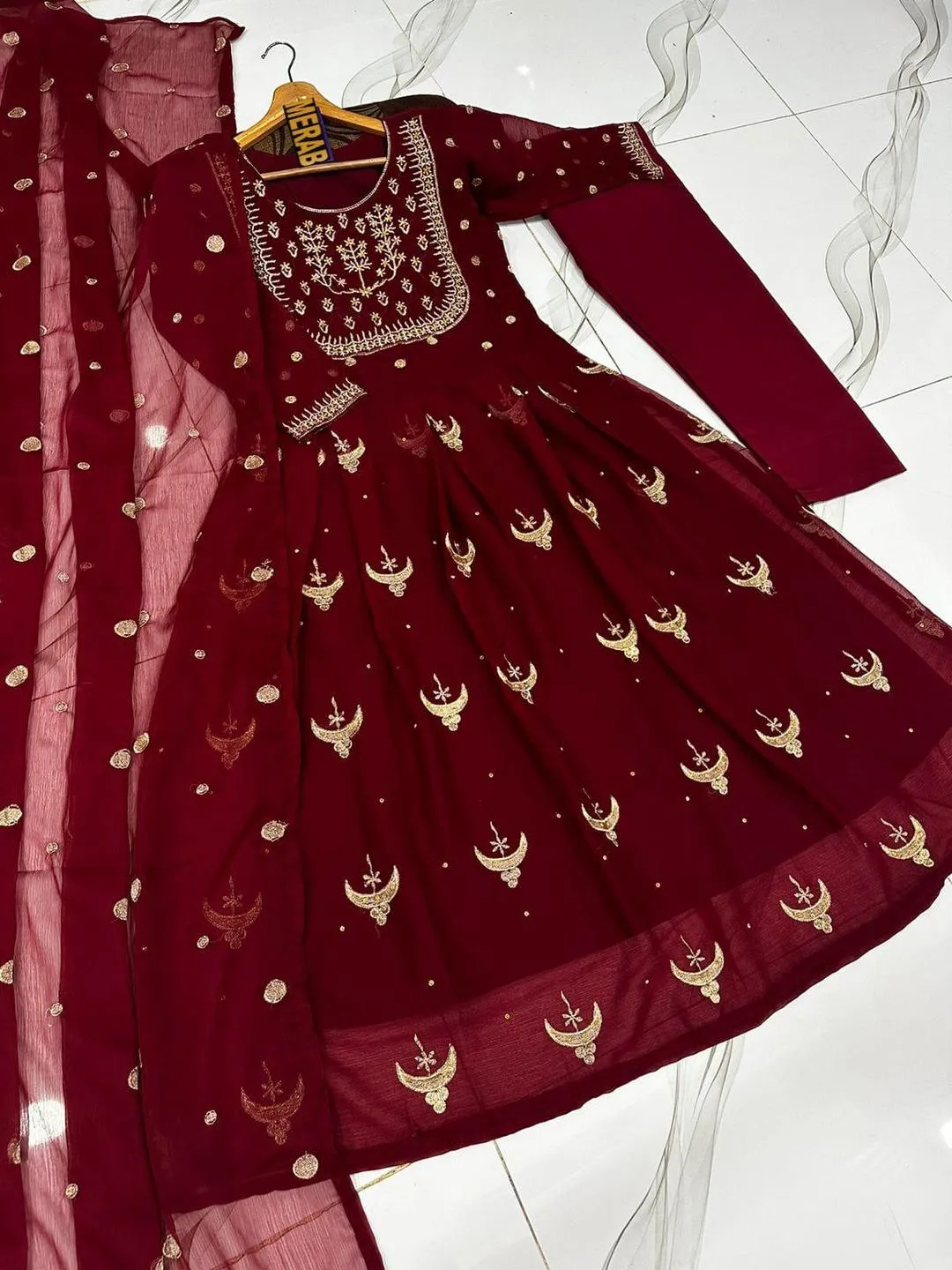 Maroon Chiffon Embroidered 3Pcs Maxi Suit Set for Eid