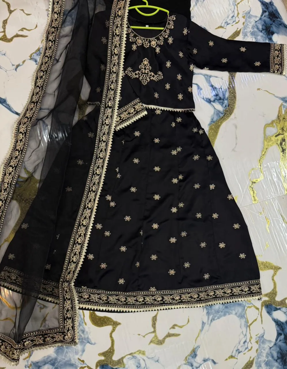 Kids Embroidered Black Anarkali Set 3Pcs Silk