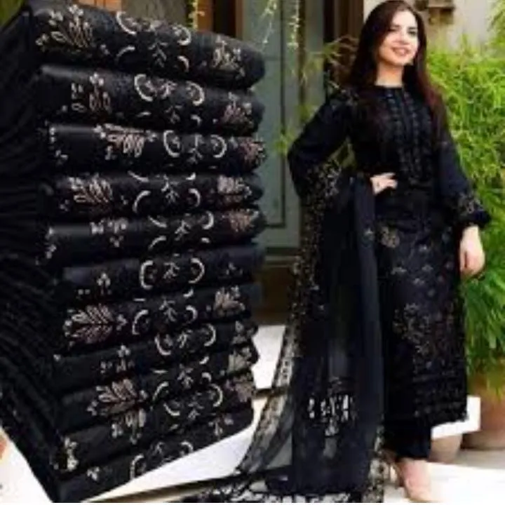Black Embroidered Chiffon Suit for Women