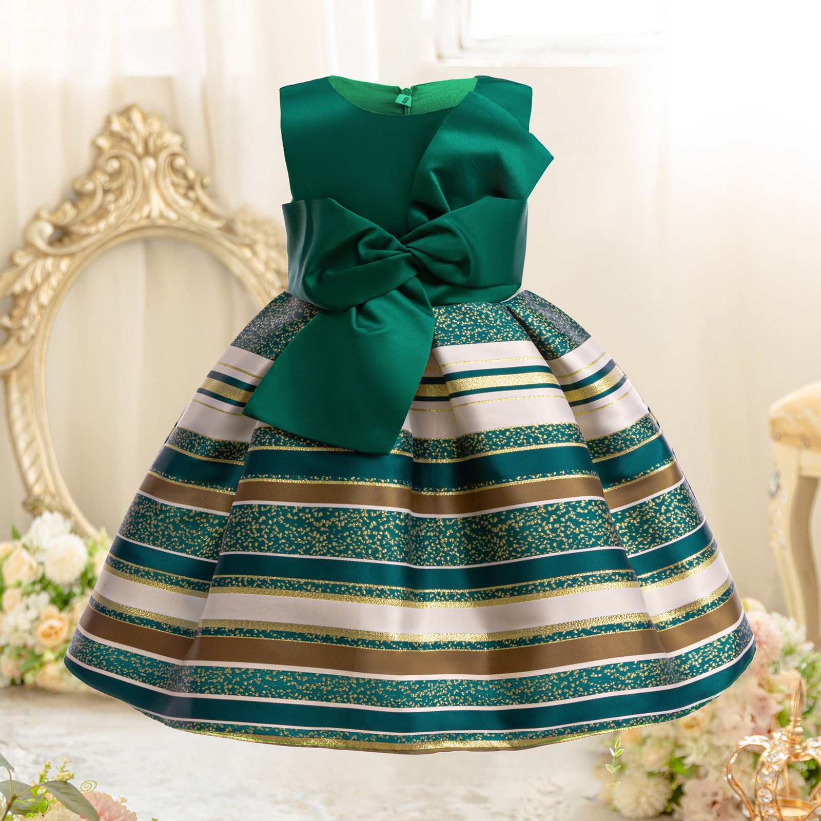 Princess Striped Bow Dress for Girls Blue Gold
